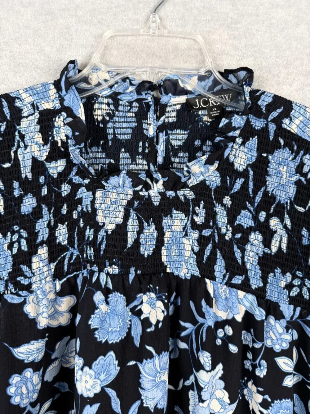 J Crew 3X Smocked Ruffle Neck Chiffon Popover Top Midnight Blue Floral Blouse - Picture 5 of 14